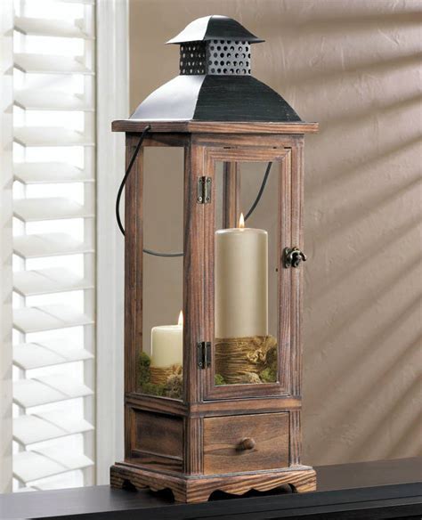Rustic Wood Candle Lantern With Drawer 26 Inches