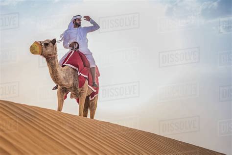 Man Wearing Traditional Middle Eastern Clothes Riding Camel In Desert Dubai United Arab