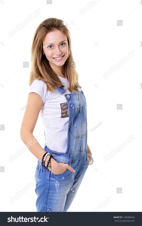 Beautiful Cheerful Teen Girl Blue Denim Stock Photo 158390423