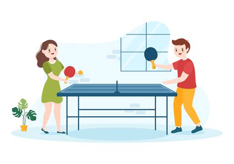 People Playing Table Tennis Sports With Racket And Ball Of Ping Pong Game Match In Flat Cartoon