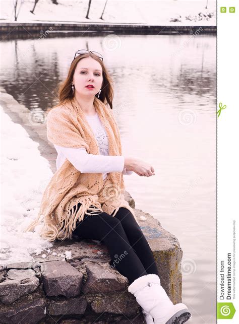 Young Girl In A Wool Shawl In A Park Stock Photo Image Of Seasonal