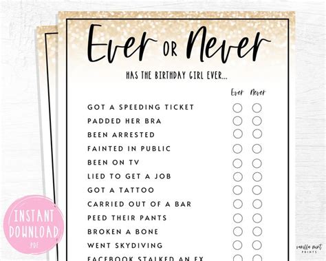 Adult Birthday Party Games Ever Or Never Birthday Party Game For Her