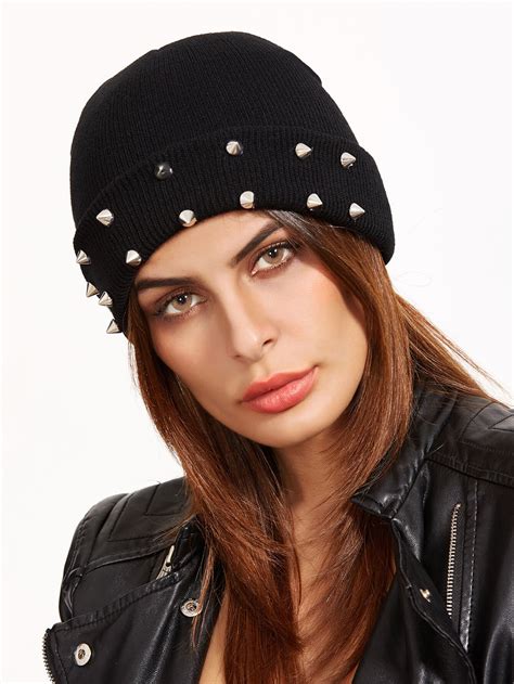Black Spike Studded Knit Beanie Hat For Womenfor Women Romwe