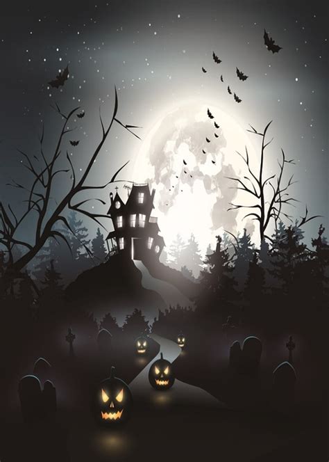 Full Moon Ghost Castle Pumpkin Lanterns Bats Halloween Party Background