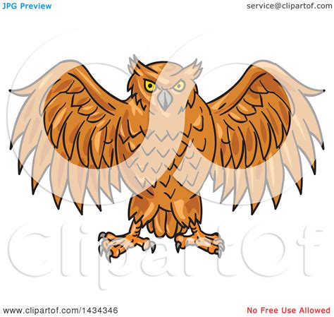 Clipart Of A Sketched Angry Owl With His Wings Open Royalty Free