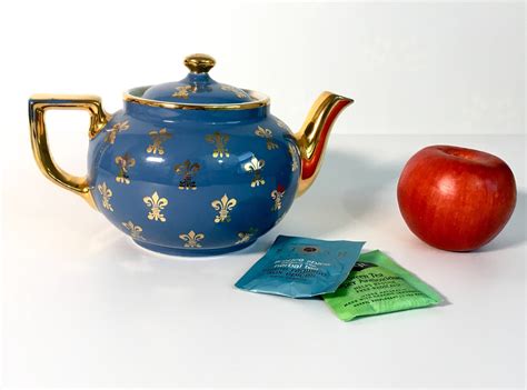 Vintage Hall Teapot 6 Cup Boston Blue W Gold Fleur De Lis Retro Teapot