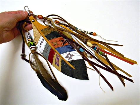 Leather Feather Bag Charm With Natural Feather And Beads Multicolored