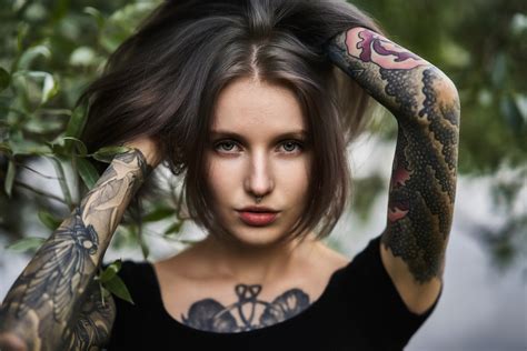 Wallpaper Women Face Portrait Tattoo Inked Girls Green Eyes