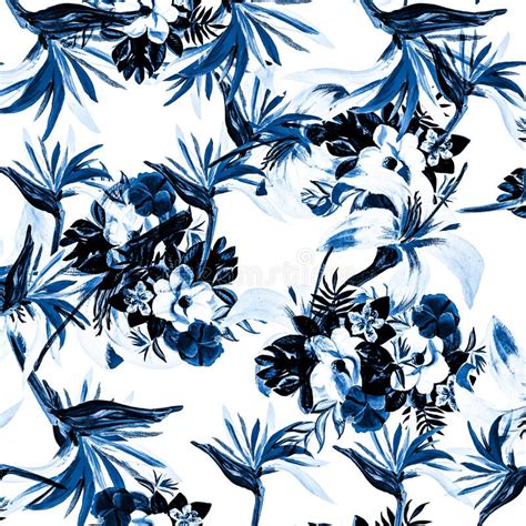 Azure Tropical Palm Indigo Seamless Leaf Navy Pattern Background