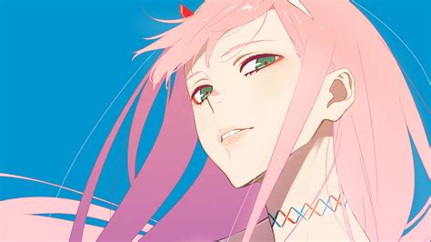 Darling In The Franxx Pink Hair Zero Two With Blue Background 4k Hd