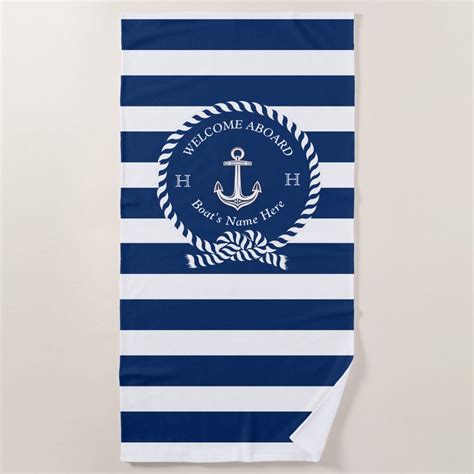 Nautical Boat Name Anchor Rope Navy Blue Welcome Beach Towel Zazzle