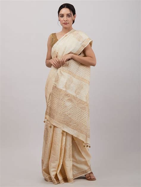 Buy Cream Hand Block Printed Tussar Silk Saree PAL SAR 1005 PAL5