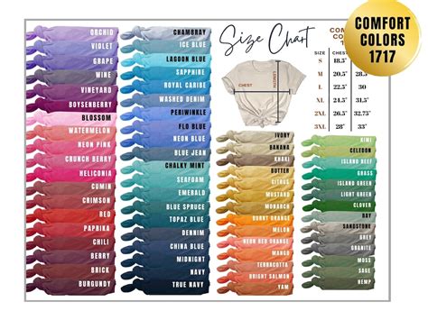Comfort Colors Color Chart Digital File Color And Size Etsy