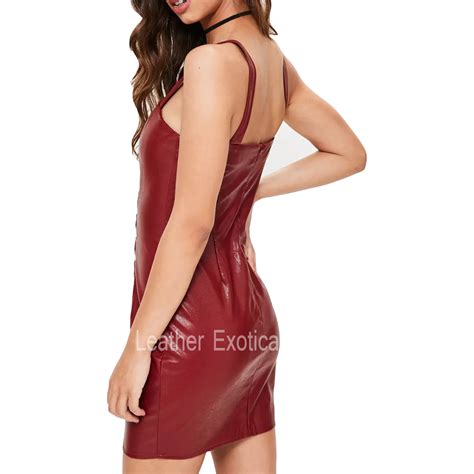 Buckle Detail Body Con Red Leather Dress