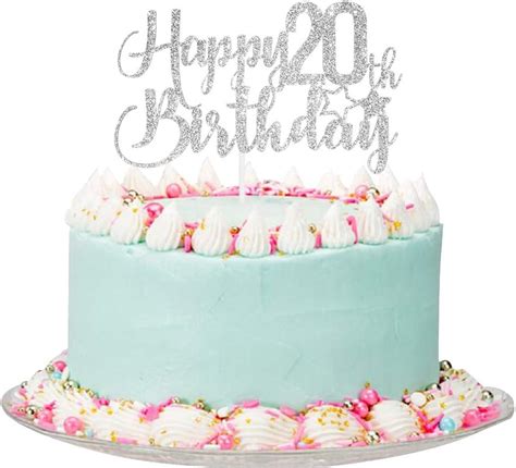 Paroke And Bubble Silver Glitter Happy 20th Birthday Cake Topper 20th