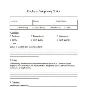 Employee Disciplinary Notice Employee Write Up Employee Warning Notice Business Tool Printable