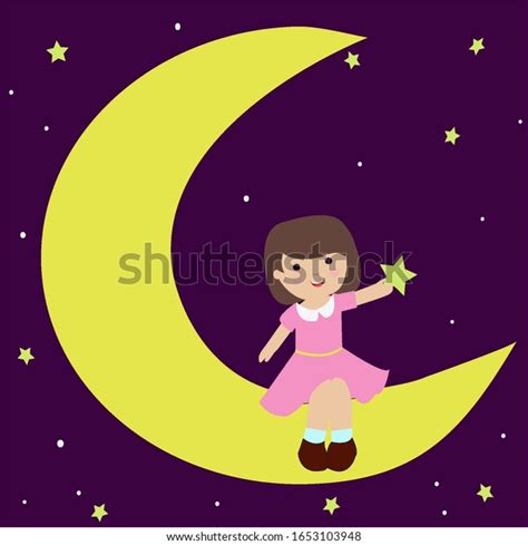 Cute Cartoon Girl Sitting On Moon Stock Vector Royalty Free 1653103948 Shutterstock
