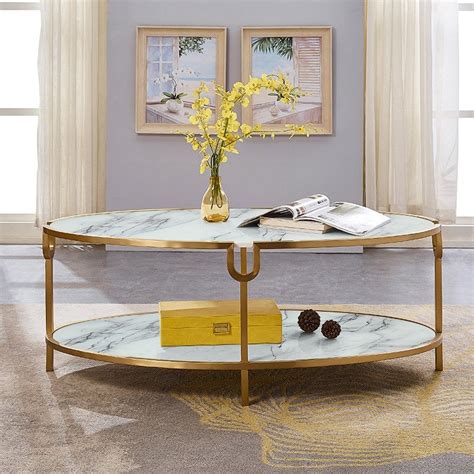 Luxury Modern Stylish Gold Glass Oval Coffee Table 2 Tier Cocktail Table Sticker Glass Modern