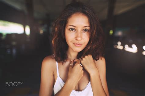 Wallpaper Women Brunette Face Portrait Bokeh Dark Eyes Tank Top