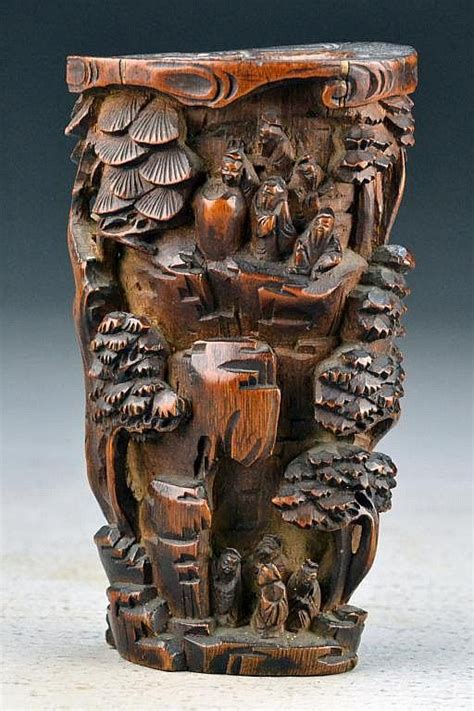 Chinese Qing Carved Bamboo Brush Pot Depicting Immortals In Landscape