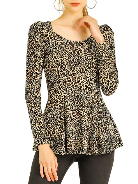Unique Bargains Unique Bargains Womens Stretchy Peplum Shirt Leopard Print Blouse Tops