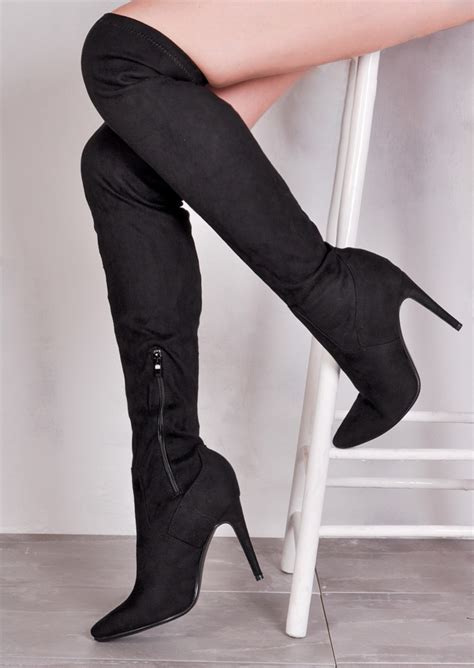 over the knee high faux suede pointed stiletto long boots black