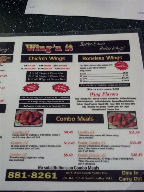 Just Wing'n It Menu, Menu for Just Wing'n It, Greenwood, Indianapolis
