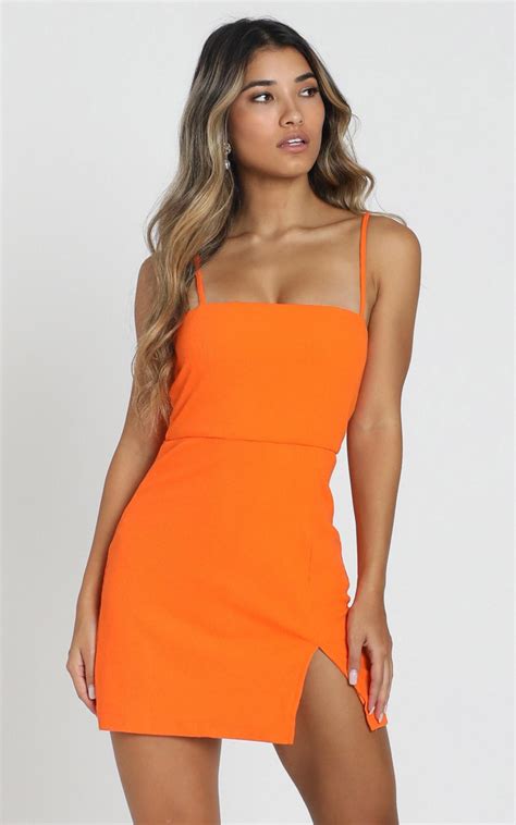 island babe split mini dress in orange short dresses mini dress neon prom dresses