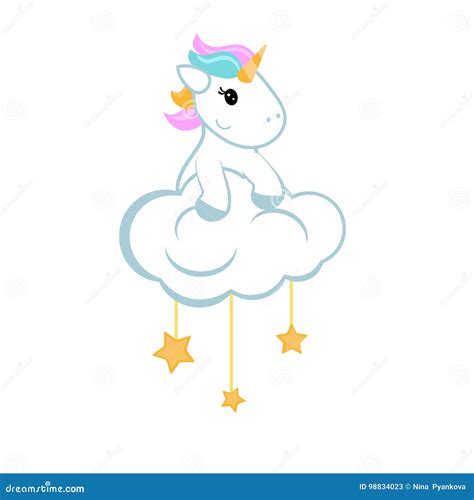 Cartoon Unicorn Sitting On The Cloud Stock Vector Illustration Of