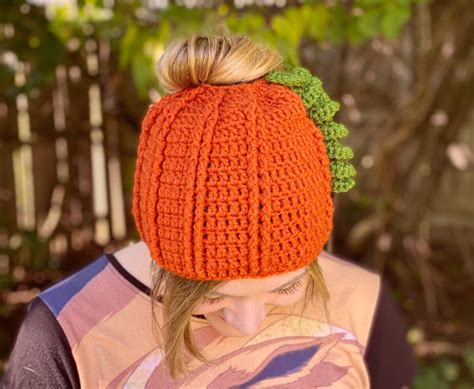 Pumpkin Messy Bun Beanie For Kids And Adults Crochet Pattern ~ Crafty