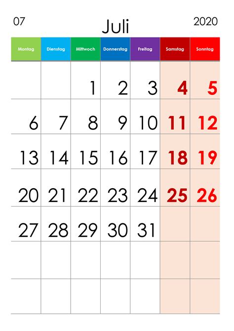 Kalender Juli 2020 Grosse Ziffern Im Hochformat Kalendersu