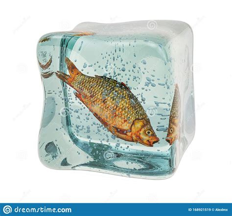 Raw Carp Fish Frozen In Ice Cube 3d Rendering Stock
