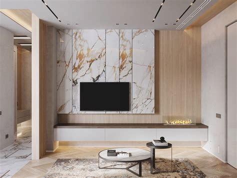 Interior Design Using Marble And Wood Combinations Salon Tv Wall