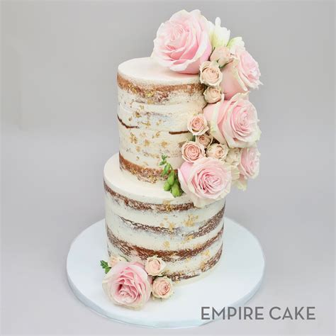 Naked Cake With Gold Leaf And Pink Roses Empire Cake