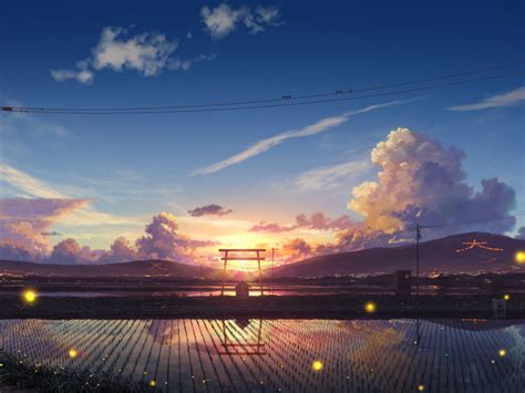 Desktop Wallpaper Farms Landscape Village Sunset Anime