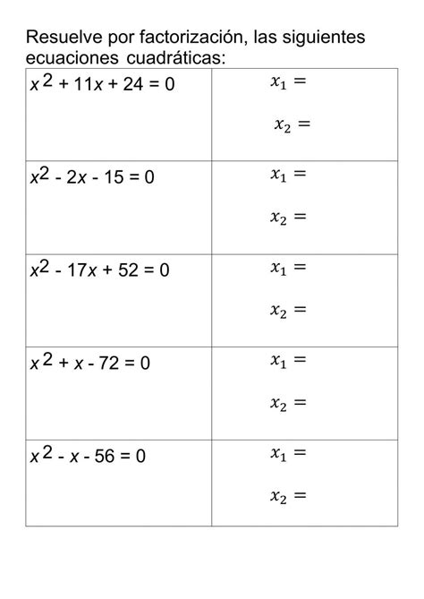 Ejercicio De Solución De Ecuaciones Cuadráticas Por Factorización