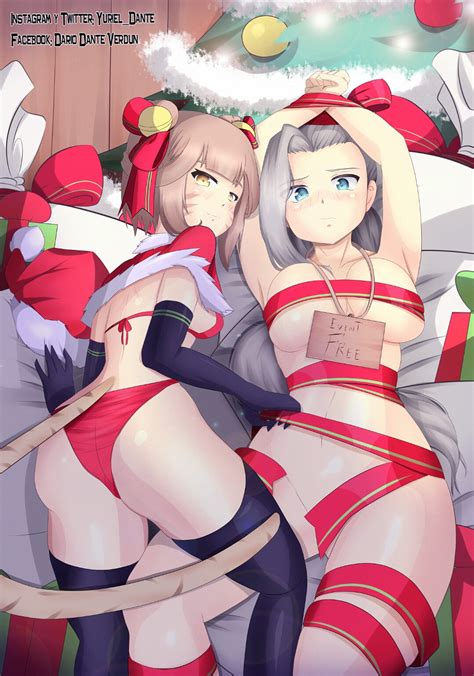 Rule 34 2girls Ass Bed Blue Eyes Brown Hair Christmas Christmas Outfit Christmas Tree Gloves