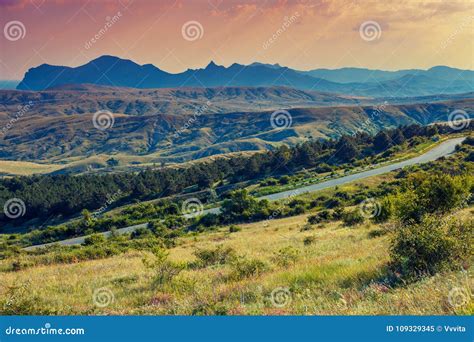 Road Between The Mountains At Sunset Stock Image Image Of Outside