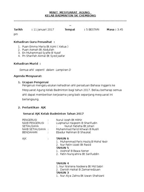 Contoh minit mesyuarat terkini 2020 untuk format sekolah. Minit Mesyuarat Kelab Badminton 2017
