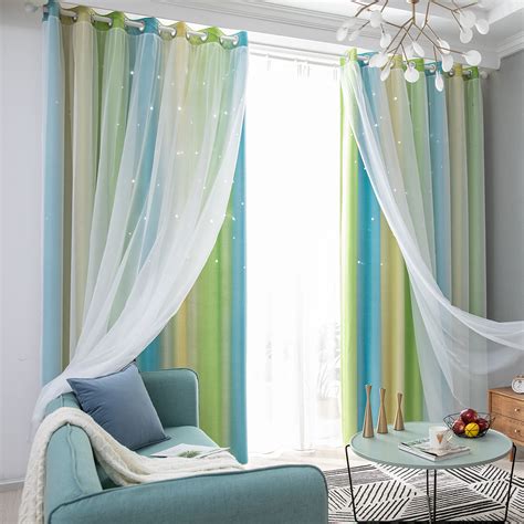 Eyelet Gradient 2 Layer Blackout Curtains Mesh Starry Hollow Out