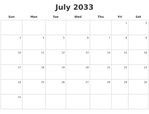 July 2033 Make A Calendar