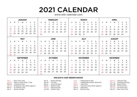 2021 Yearly Calendar Printable