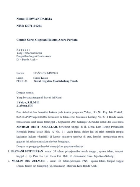 Contoh surat kuasa khusus pengambilan bpkb, gaji, uang, ijazah, paspor, dokumen, barang. Contoh Surat Gugatan Hukum Acara Perdata