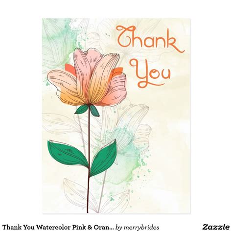 Thank You Watercolor Pink And Orange Flower Postcard In 2021