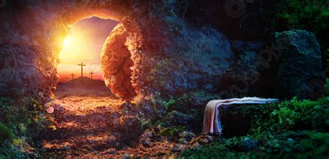 Crucifixion At Sunrise Empty Tomb With Shroud Resurrection Of Jesus