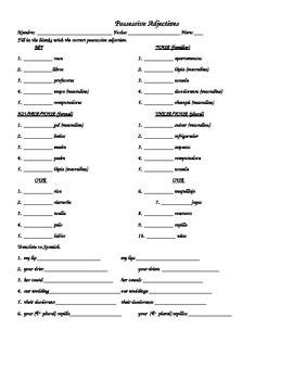 Spanish Possessive Adjectives Worksheet Possessive Adjectives