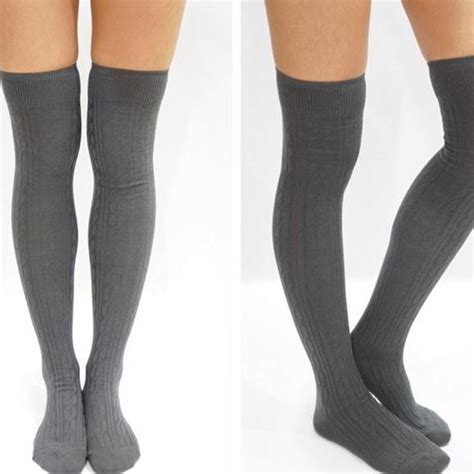 simple cable knit knee high socks dark grey on luulla