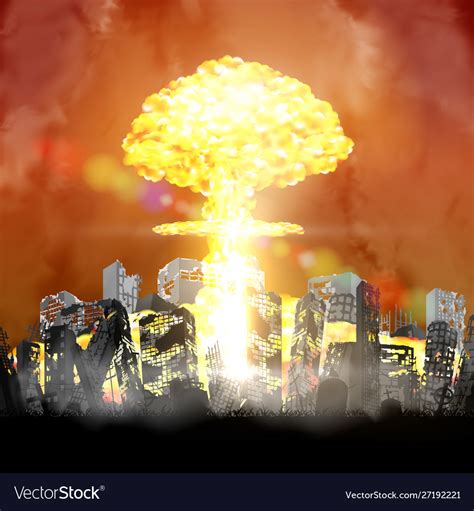 Nuclear Bomb Exploding Over Ruined City Building Vector Image