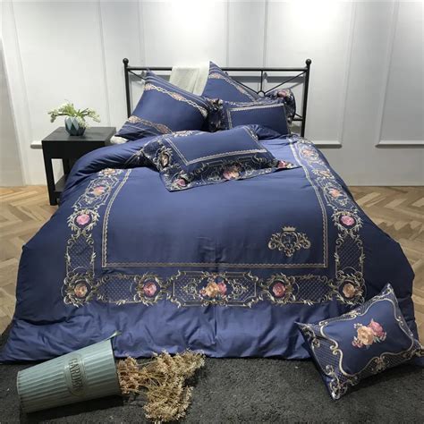 Buy Blue Gules Luxury Embroidery 60s Egyptian Cotton Bedding Set King Queen