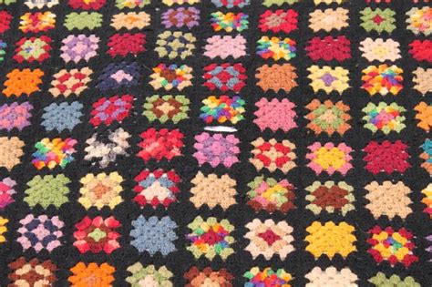 Vintage Crocheted Wool Afghan Blanket Black W Bright Colors Granny